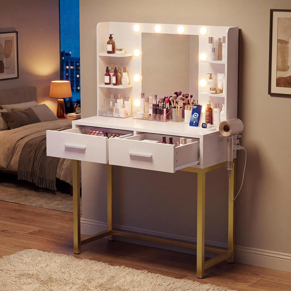 YESHOMY 31.5'' Small Vanity Desk with LED Mirror and Lights, White | ...