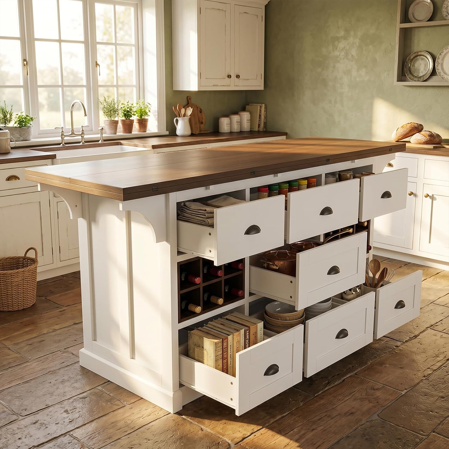 ECACAD 70.9" W Kitchen Island with Folding Drop Leaf, Extendable Stationary Storage Island with Wine Racks & 7 Drawers, Kitchen Prep Table with Wood Grain Tabletop for Dining Room, White & Brown