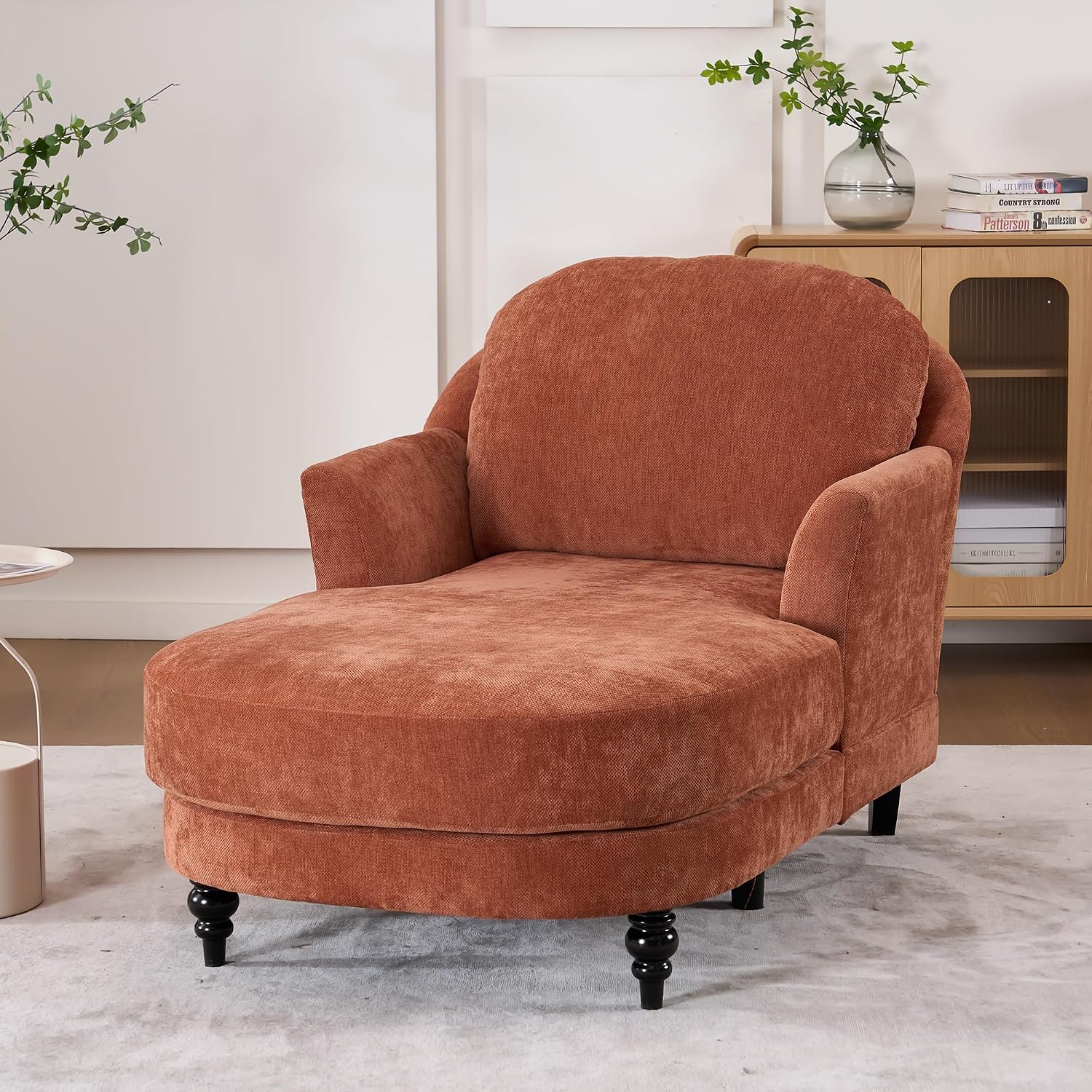 59.8" Chaise Lounge Chair Indoor, Chenille Reading Chairs | Side Pocket, Upholstered Chaise Lounge for for Bedroom, Living Room& Apartment ,Sturdy Frame, Orange