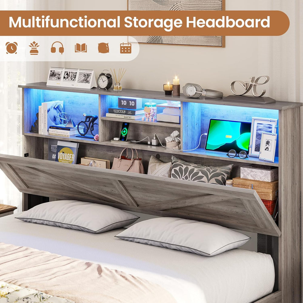 VIAGDO Farmhouse Bed Frame Full Size with Bookcase Storage Headboard, Chargin...