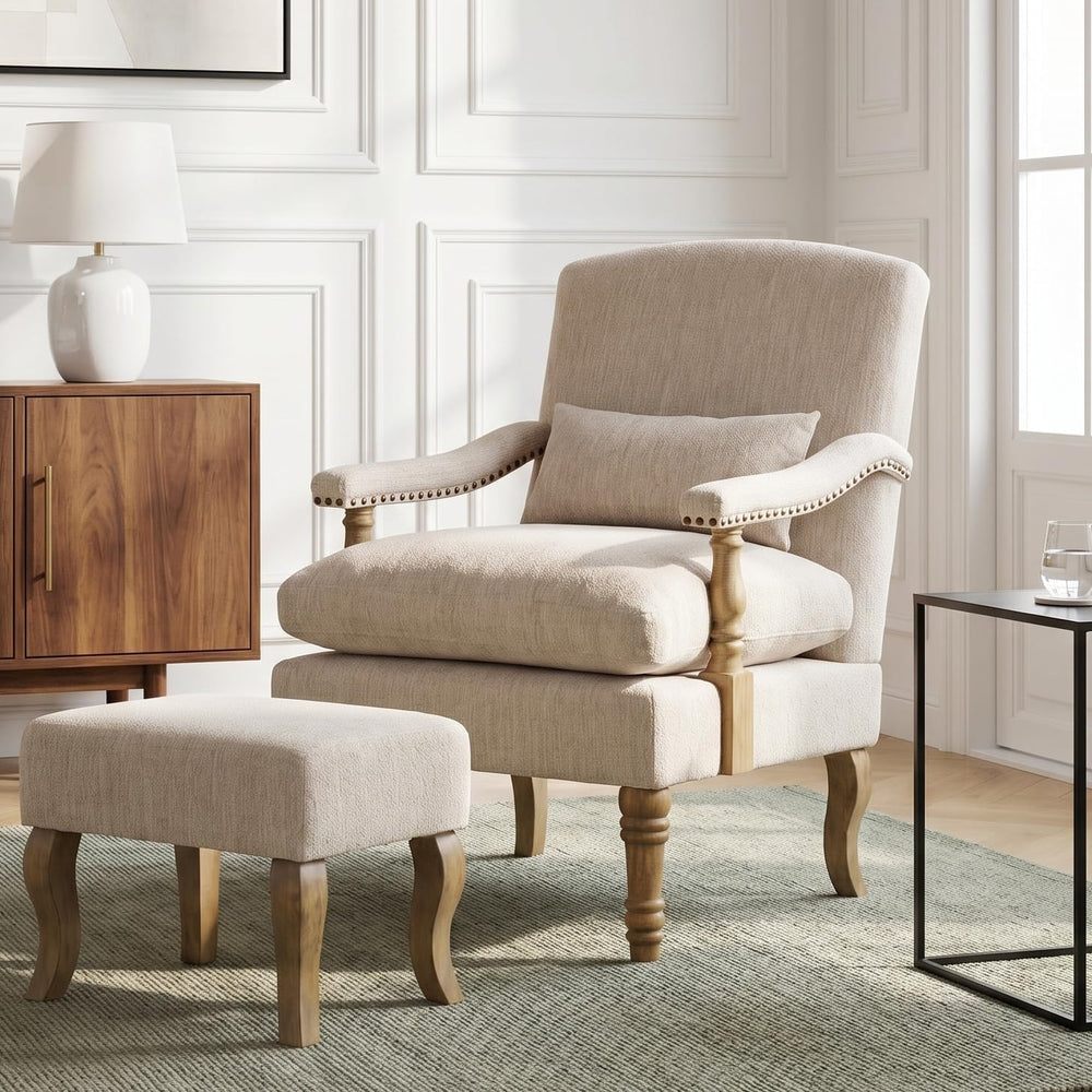 Accent Chair with Ottoman, Farmhouse Upholstered Armchair with Removable Thic...