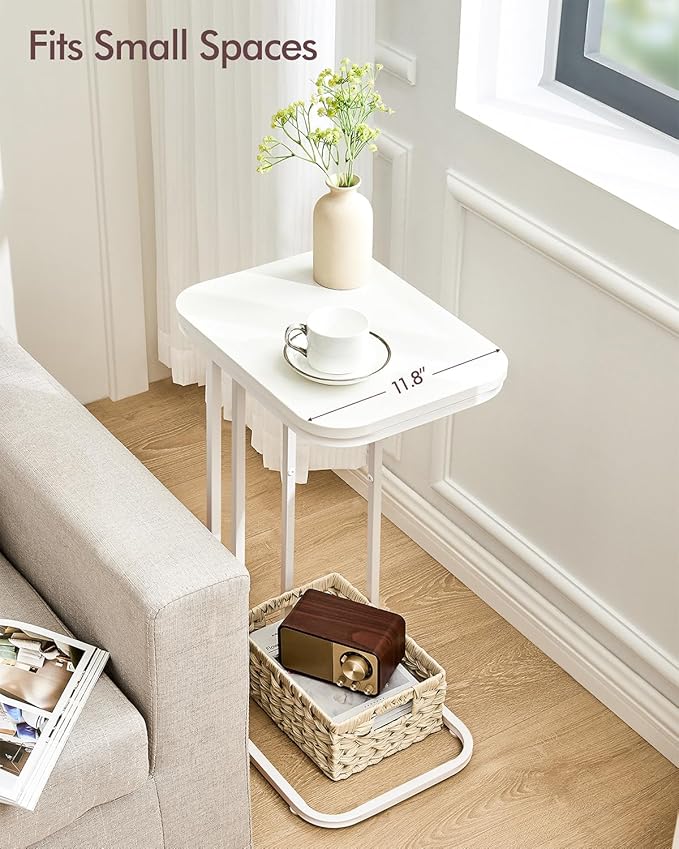 C Shaped End Table, 27 Inches High Small Side Table for Sofa and Bed, Couch Table That Slides Under, Tall Tv Tray Table for Living Room, Bedroom, Metal Frame, Snow White