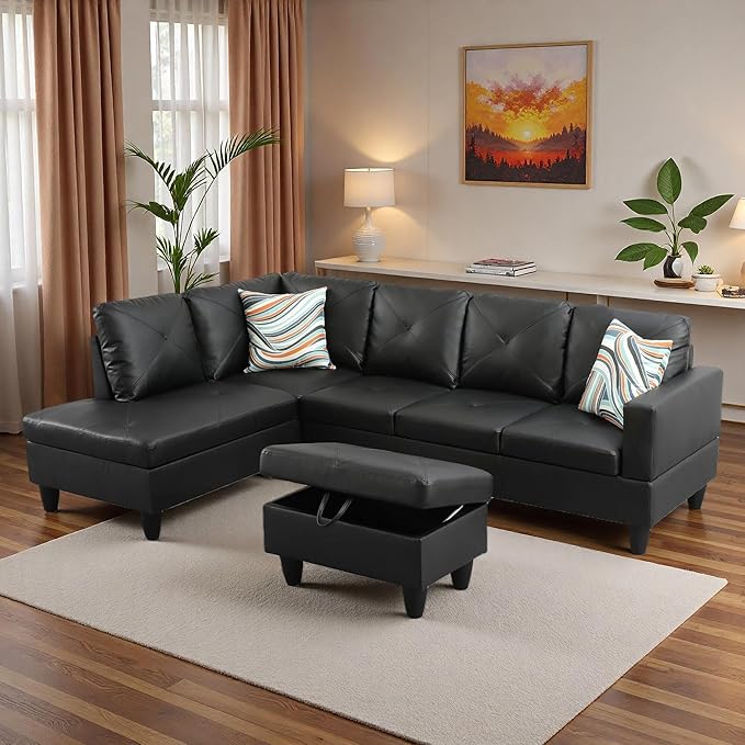 L-Shaped Sectional Sofa with Movable Chaise & Storage Ottoman, Leather 3-Piece Modular Convertible Couches for Living Room, Apartment & Office, Black