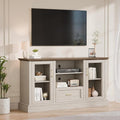 Beige Farmhouse TV Stand with Storage Cabinets and Glass Doors, Entertainment Center for 75 Inch TV, Media Console Side Storage Cabinets for Living Room