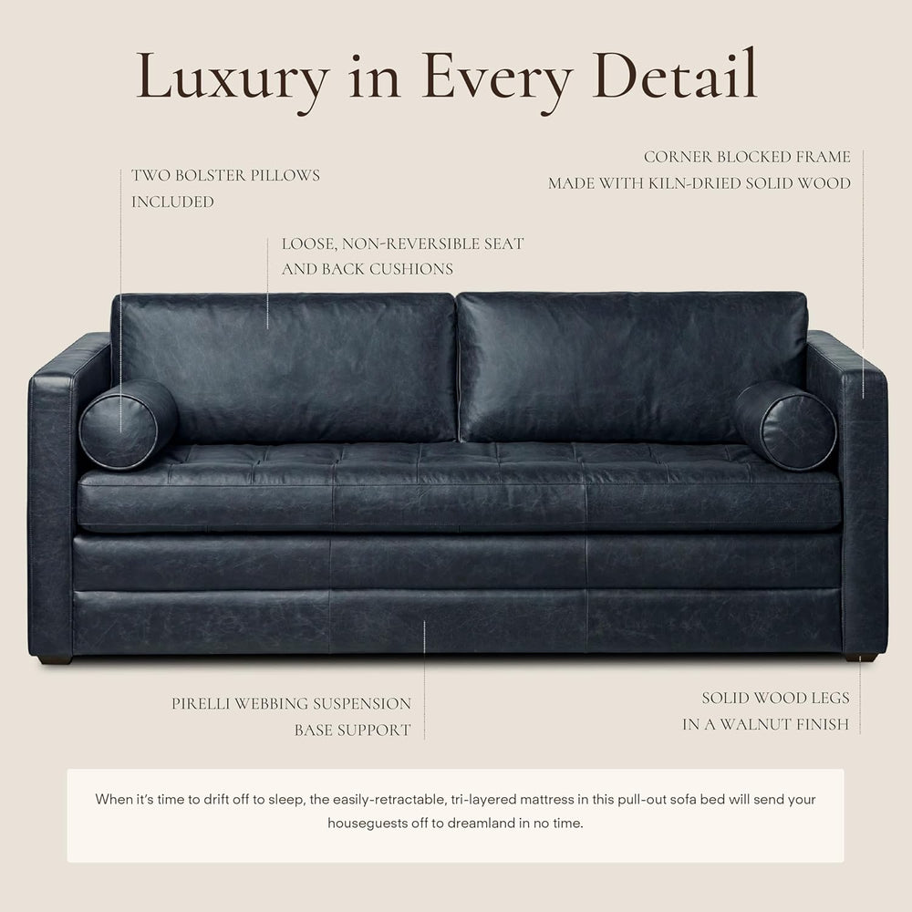Poly & Bark Napa 82" Leather Pull‑Out Sleeper Sofa – Full‑Grain Ital...