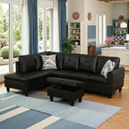 L-Shaped Sectional Sofa with Movable Chaise & Storage Ottoman, Leather 3-Piece Modular Convertible Couches for Living Room, Apartment & Office, Black