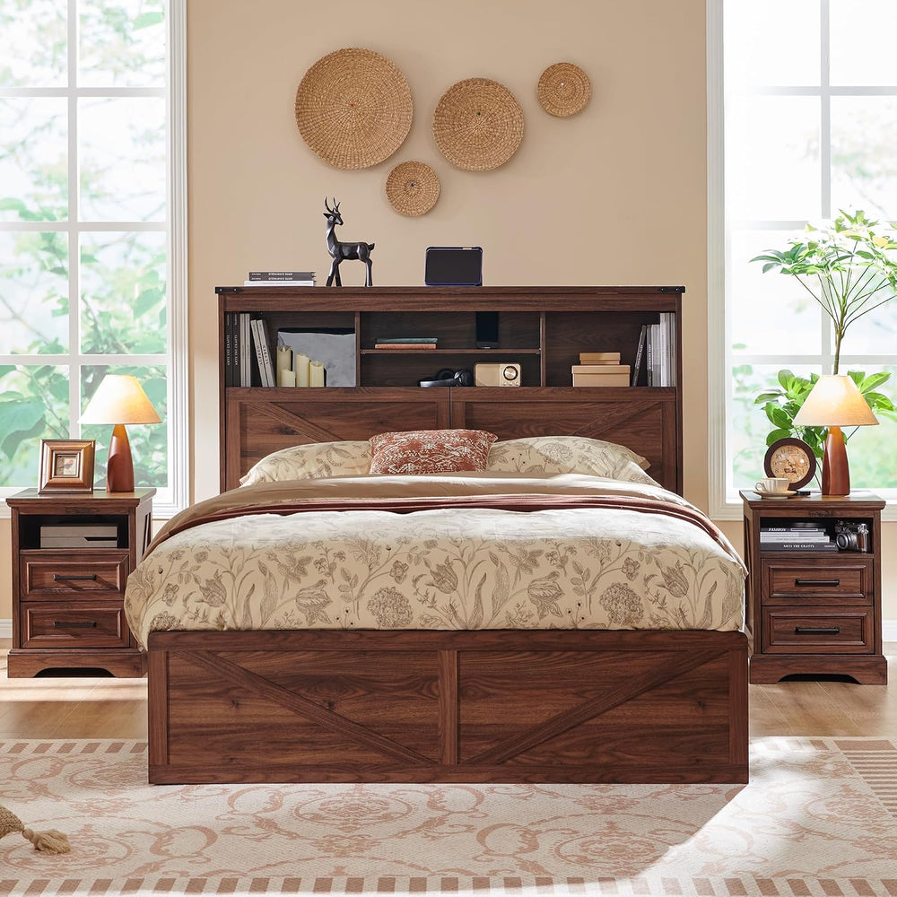 ACCOHOHO Farmhouse Full Size Bed Frame with 52" Tall Storage Headboard a...