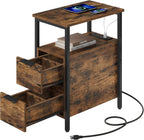 VASAGLE Side End Table with Charging Station, Slim Nightstand with 2 Drawers, Narrow Bedside Table for Living Room, Small Spaces, 18.9 x 11.8 x 24 Inches, Rustic Brown and Ink Black ULET324K101S