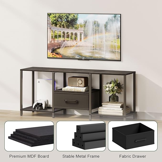 TV Stand with Fabric Drawer for 55 Inch TV, Entertainment Center with Open Sh...