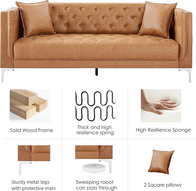 HIFIT 79" W Brown Faux Leather Sofa Couch with 2 Pillows, 3 Seater Couches for Living Room, Handmade Button Tufted Cushions and Metal Legs, Modern Leather Sofa for Apartment, Office