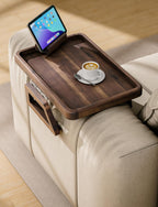 Tinamo Acacia Sofa Arm Tray, Couch Armrest Table with 360° Phone Holder - Armchair Caddy, 2-in-1 Couch Holder Tray - Sofa Arm Table for Home Living Room - No Assembly Required (Walnut Color)