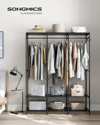 SONGMICS Clothes Rack, Iron and Wood Wardrobe Closet Organizer, Heavy Duty Garment Rack with Hanging Rods, Closet Shelves, Removable Hooks, 15.7 x 55.5 x 70.9 Inches, Ebony Black URGR005B56