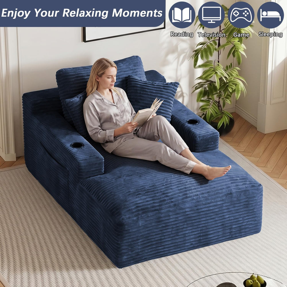 50" x 76" Corduroy Chaise Lounge Sofa Bed with Cup Holders, Blue | ...