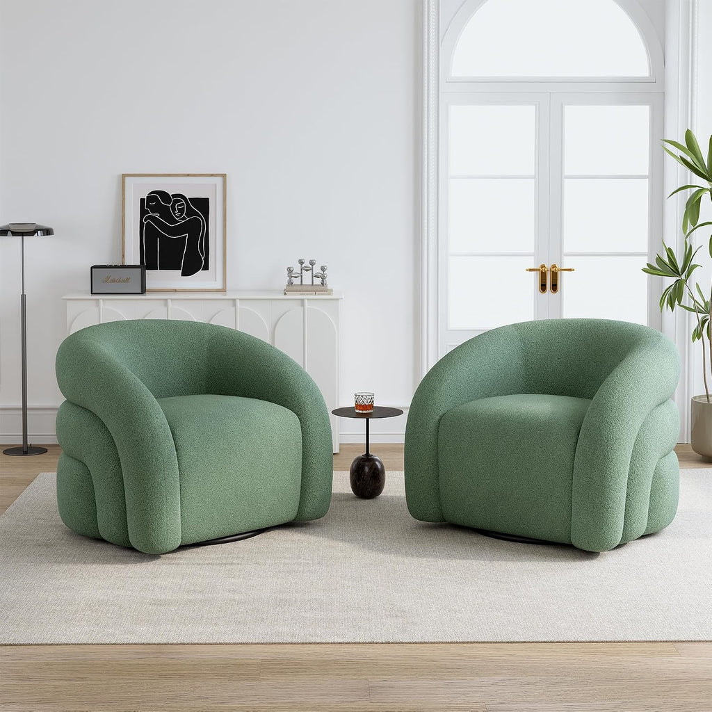 Boucle Swivel Barrel Accent Chair, No Assembly, Green, Set of 2 | Armchair Design, Boucle Fabric, Solid Wood Frame & 360° Metal Swivel Base, For Living Room, Bedroom, Reading & Waiting Room