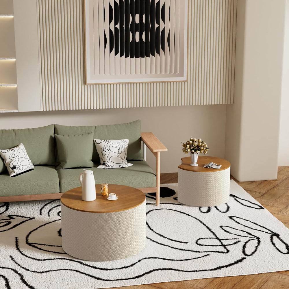 Round Nesting Coffee Table Set of 2 with Hidden Storage | Faux Leather Diamon...