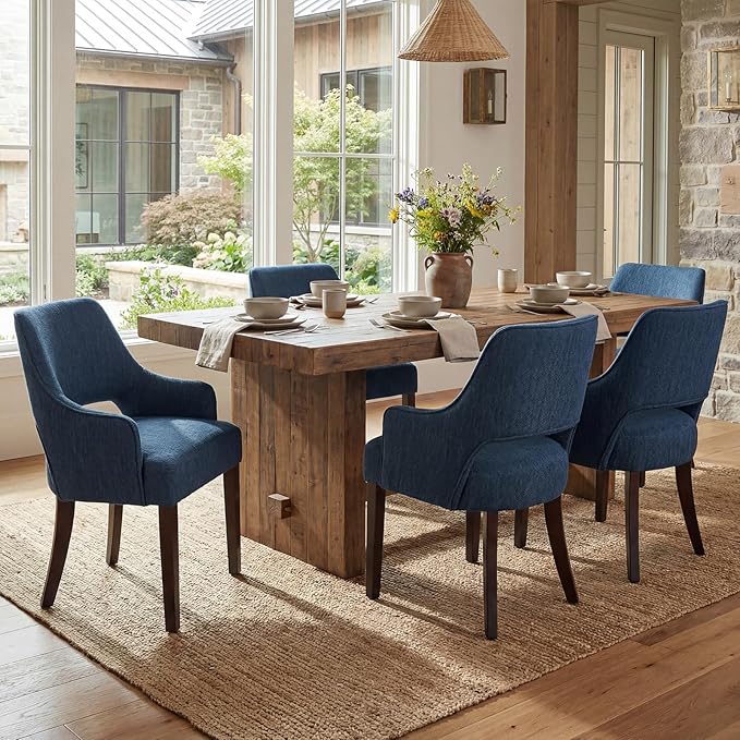 Linen Dining Chairs Set of 4 Upholstered Farmhouse Kitchen Chair Accent Chairs Side Chair with Wood Legs for Living Room/Dining Room/Bedroom/Restaurant, Blue