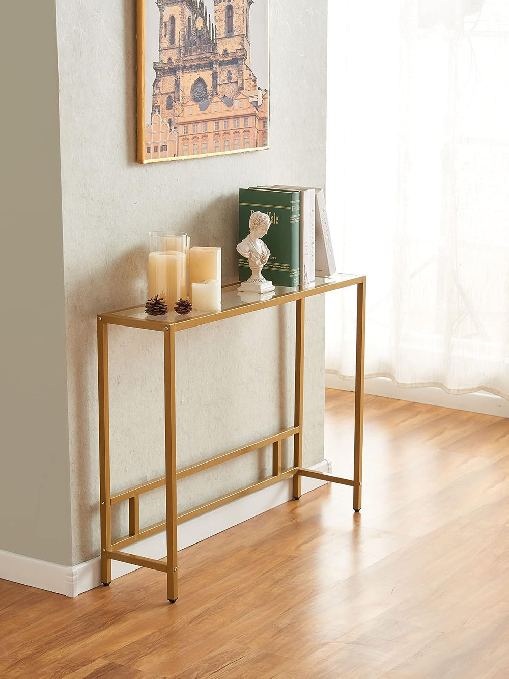 MAJARO Small Modern Console Table for Entryway, Tempered Glass with Metal Fra...