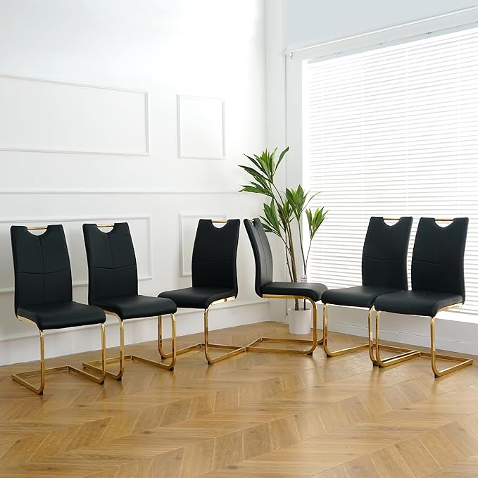 Goujxcy Dining Chairs Set of 6, Modern High Back Kitchen Chairs with Metal Legs and Faux Leather Padded Seat Upholstered Dining Chairs for Dining & Kitchen,Living Room (Black&Gold, Set of 6)