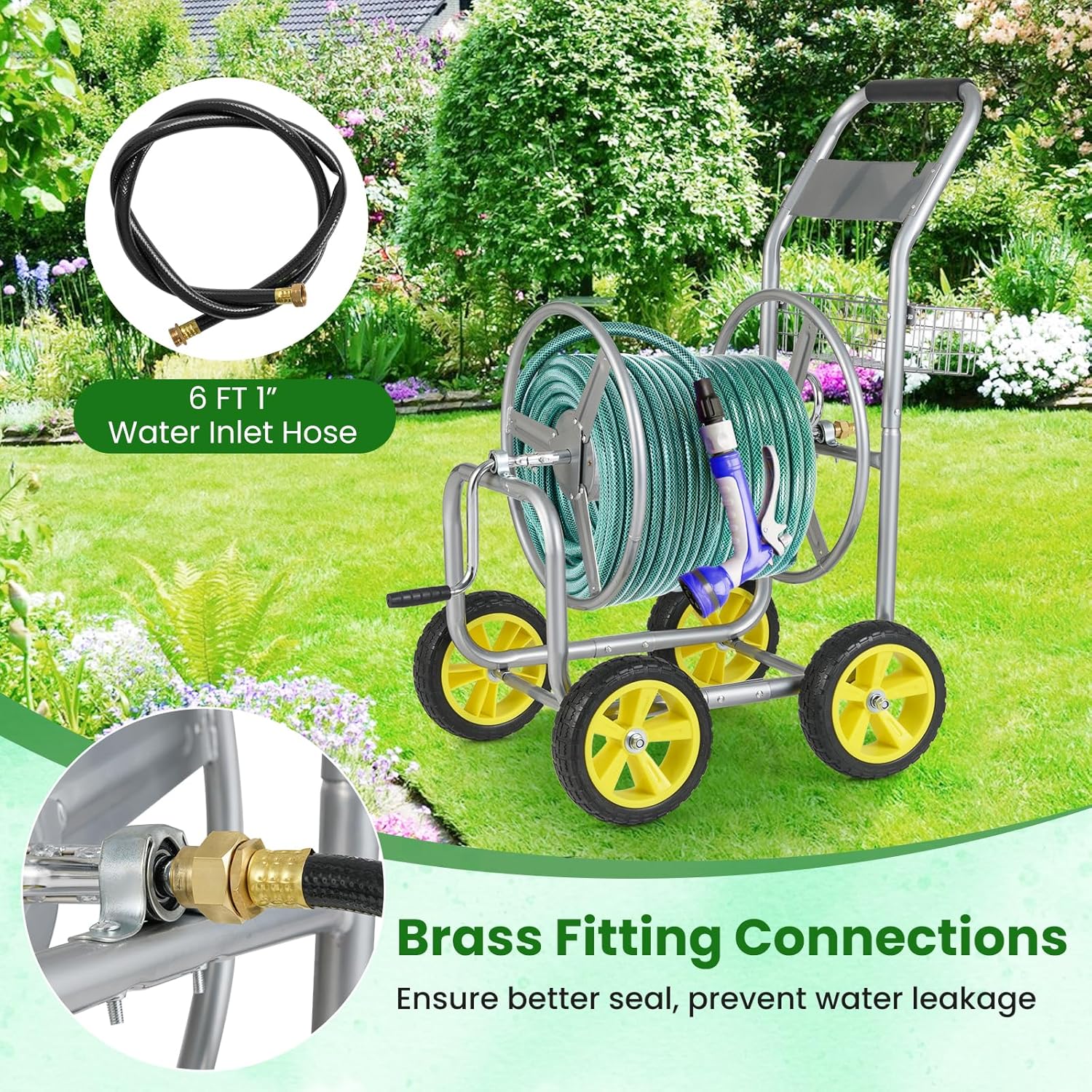 Goplus Garden Hose Reel Cart, 300 FT of 5/8" Large Capacity, Heavy-Duty Metal Hose Cart w/ 4 Wheels, Storage Basket, Portable Water Hose Organizer for Outside Yard, Outdoor Planting Tool (Silver)