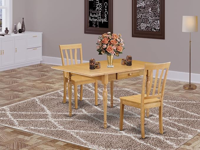 East West Furniture MZAN3-OAK-W 3 Piece Dining Table Set for Small Spaces Contains a Rectangle Dining Room Table with Dropleaf and 2 Wood Seat Chairs, 36x54 Inch, Oak