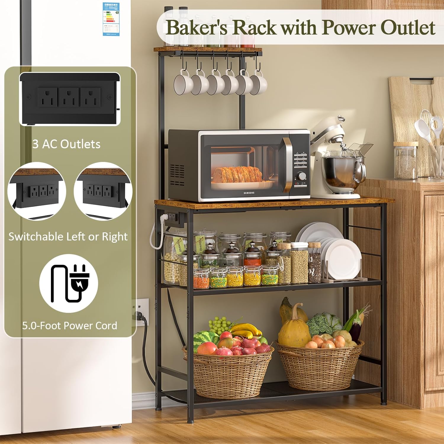 3IngSeagulls 4-Tier Bakers Rack with Power Outlet, 33 Inch Kitchen Microwave Stand with 6 S-Shaped Hooks, Coffee Bar Station with Adjustable Shelf, Rustic Brown