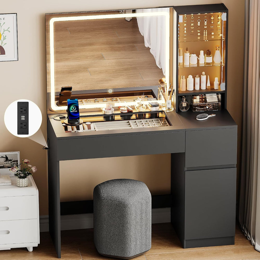 wanan Vanity with Glass Top, Black Vanity Desk with Mirror and Lights, Jewelr...