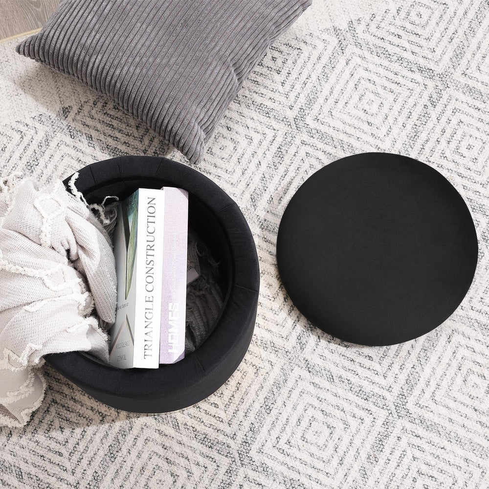 Joveco Round Velvet Storage Ottoman with Reversible Lid Tray & Gold Metal...