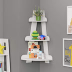 RiverRidge Kids 3-Tier Corner Ladder Display Wall Bookshelf, White | Playroom Book Rack Display Shelf, Wall-Mounted, Painted MDF