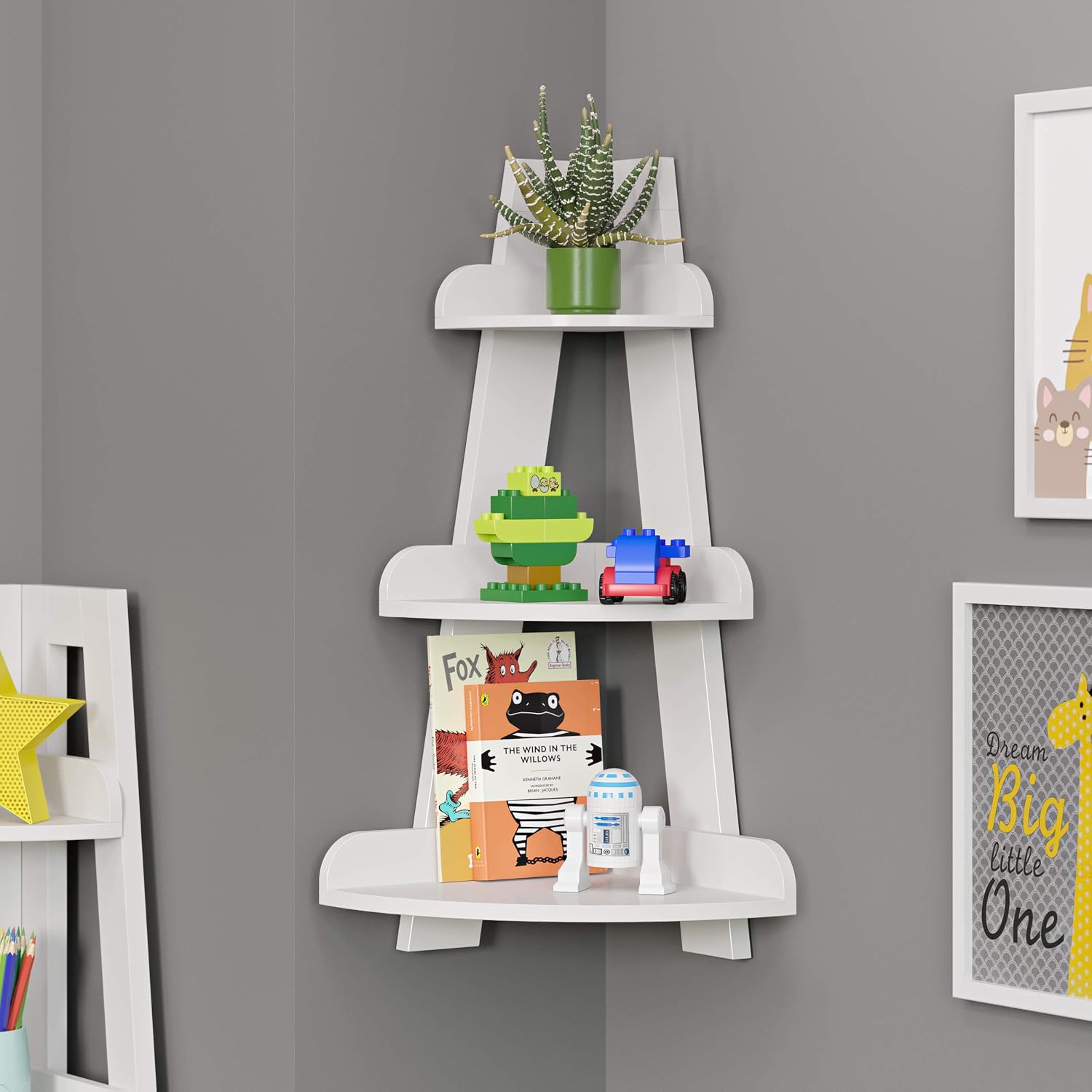 RiverRidge Kids 3-Tier Corner Ladder Display Wall Bookshelf, White | Playroom Book Rack Display Shelf, Wall-Mounted, Painted MDF