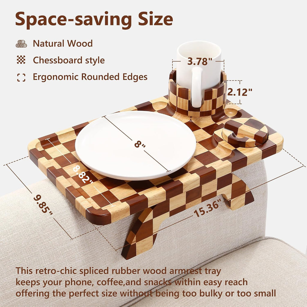 Checkered Rubber Wood Couch Arm Tray, Sofa Armrest Tray with Rotating Cup Holder & Phone Stand, Large Clip-on Sofa Side Table Furniture for Drinks & Remote, 15.36"x9.85", Gift Box