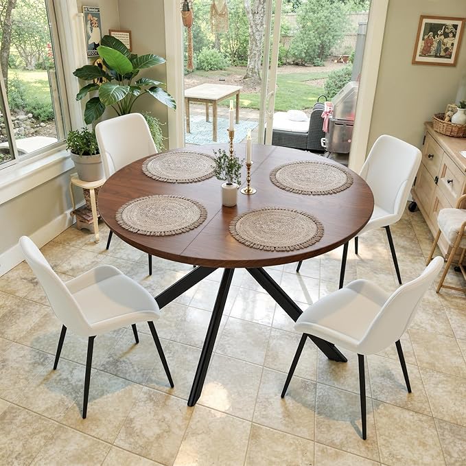 47.2" 5-Piece Round Dining Table Set for 4, Modern Wood Dining Table with 4 Upholstered Chairs, Kitchen & Dining Room Table Set with Metal Base for Apartment, Small Space, Walnut Table+4 Beige Chairs