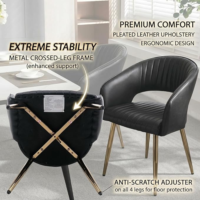 Faux Leather Dining Chairs Gold Legs, Modern Black PU Leather Dining Room Chairs with Arms Set of 4 Upholstered Accent Chair Armchair with Barrel Back for Kitchen Living Room