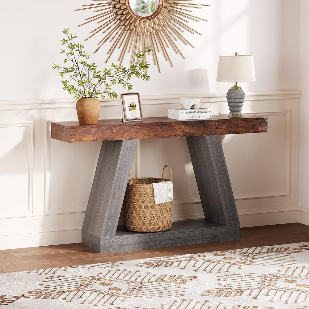 55in Farmhouse Console Table - 2-Tier Wooden Trapezium Sofa Table - Skinny En...