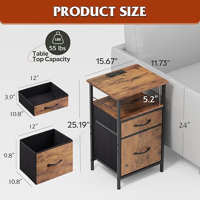 WLIVE Night Stand Set 2, Nightstand with Charging Station, Bedside Tables for...