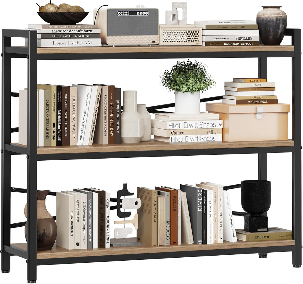 3 Tier Bookshelf 39.37" Width, Dorm Desk Hutch, Desk Shelf, Long Industrial Bookcase, Wooden Large Book Shelf for School Home Living Room Bedroom Office Storage(Light Coffee)