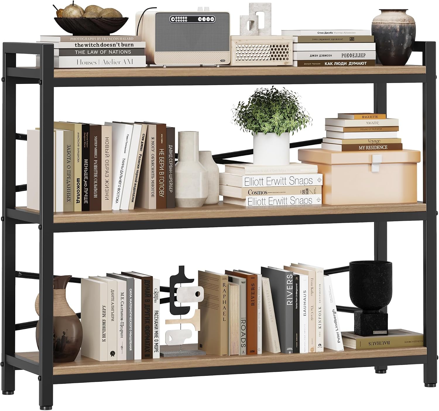 3 Tier Bookshelf 39.37" Width, Dorm Desk Hutch, Desk Shelf, Long Industrial Bookcase, Wooden Large Book Shelf for School Home Living Room Bedroom Office Storage(Light Coffee)