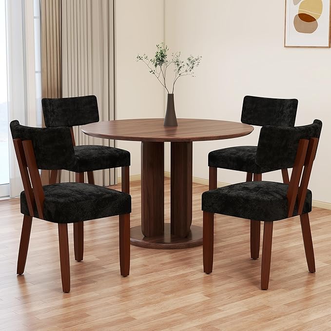GOTMINSI Mid Century Modern Dining Chairs,Velvet Farmhouse Upholstered Kitchen Chairs, Accent Curved Backrest Dining Room Chairs with Hardwood Legs (Black, 4PCS-Walnut Legs)