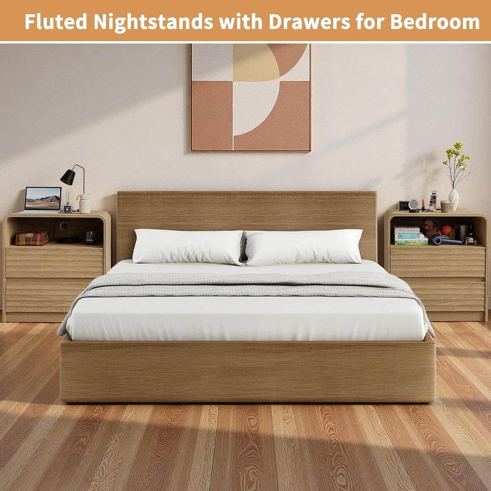 Fluted Nightstand with Charging Station, 23.6'' Wide Morden End Table...