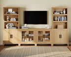 WAMPAT Entertainment Center with Bookshelves, 4-Piece Modular TV Stand with Storage Towers, Farmhouse Media Console with Glass Doors for Living Room, Bedroom, Oak