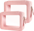 Aveniee Clear Makeup Bag Organizer Set,Portable Travel Toiletry Case for Women, Vegan Leather Cosmetic Pouch Car Bag for Essentials 2pcs,Middle & Large,Pink