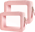 Aveniee Clear Makeup Bag Organizer Set,Portable Travel Toiletry Case for Women, Vegan Leather Cosmetic Pouch Car Bag for Essentials 2pcs,Middle & Large,Pink