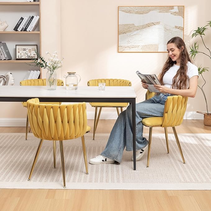 Kiztir Velvet Dining Chairs Set of 2, Upholstered Dining Room Chairs with Gold Metal Legs, Luxury Tufted Dining Chairs for Living Room, Bedroom, Kitchen (Yellow)