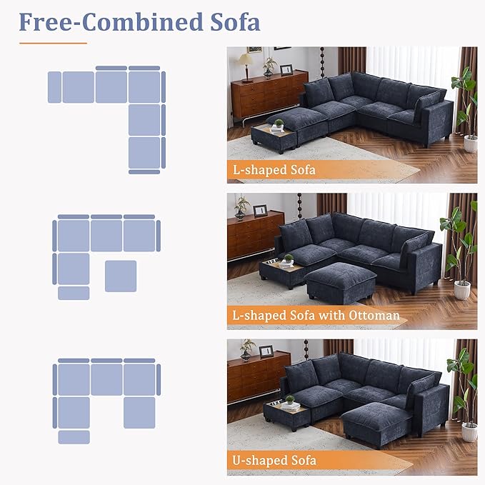 Merax Modern 90" U-Shaped Chenille Sectional Sofa Set, Modular Sofa Couch with a Movable Ottoman, a Coffee Table with Hidden Charging Devices for Living Room, Blue
