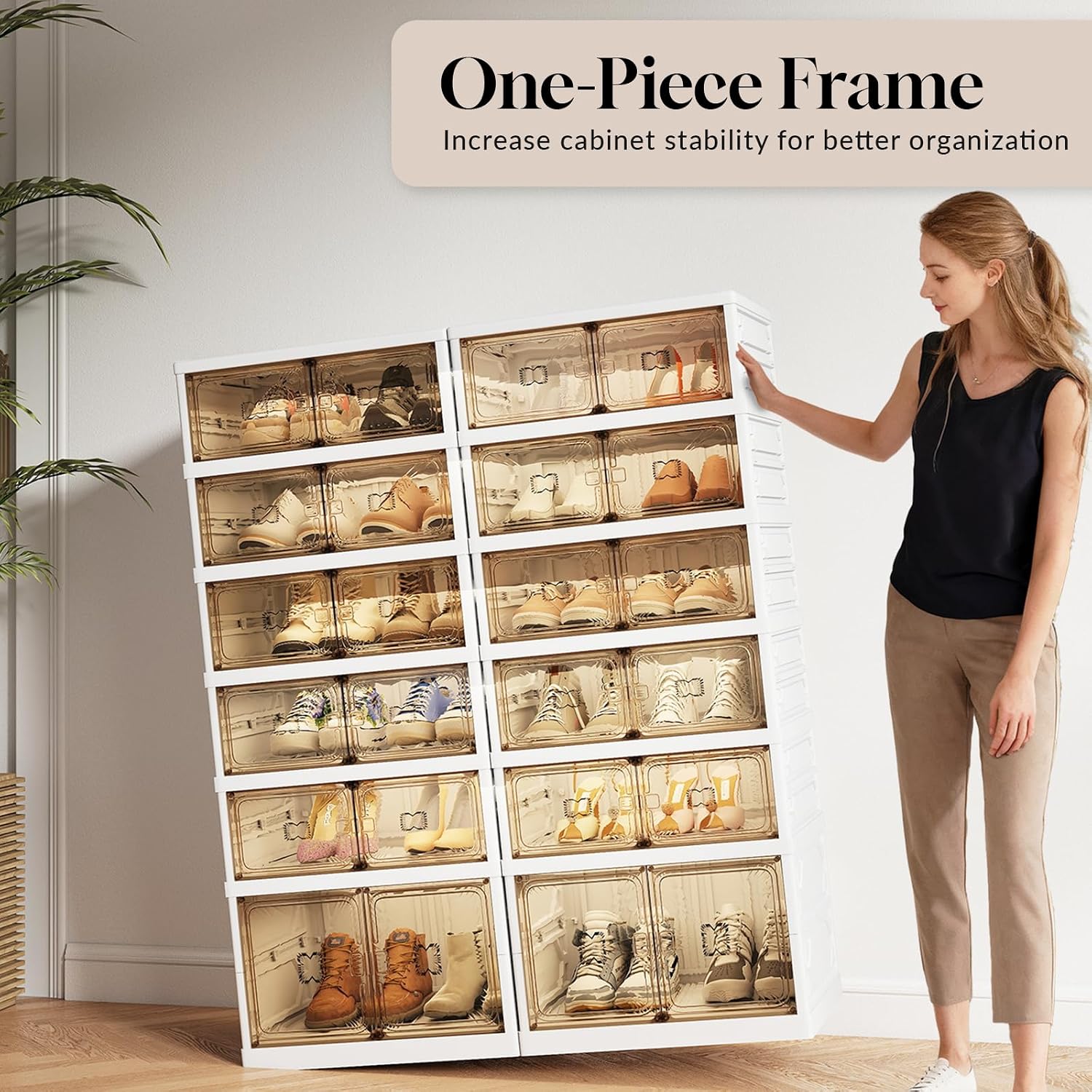 6-Tier Foldable Shoe Rack Organizer, 24 Pairs Stackable & Collapsible Shoe Cabinet with Transparent Doors & Leather Handles, Space-Saving Storage for Entryway, Closet, Kitchen, Cabinet, White