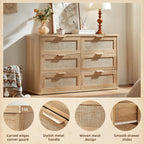 LEYAOYAO Rattan Dresser for Bedroom Set of 2, Boho 48" Wide 6 Drawer Dresser Chest of Drawers, Natural Wood Dressers TV Stand with Metal Handle, Storage Dressers Organizer for Living Room, Hallway