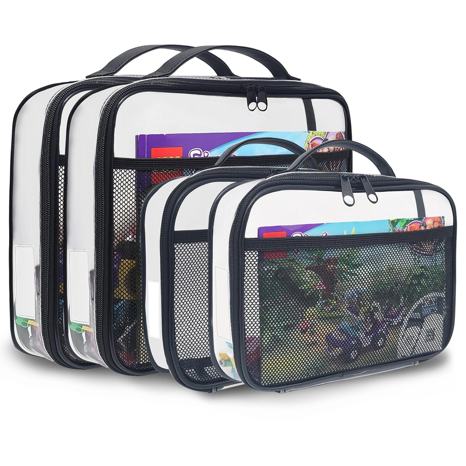 holay 4 Packs PVC Zippered Blocks Set, Toy, Clay, Board game Storage Organizer Case (Name Tag, Manual Pocket) (Black, Small, Large)