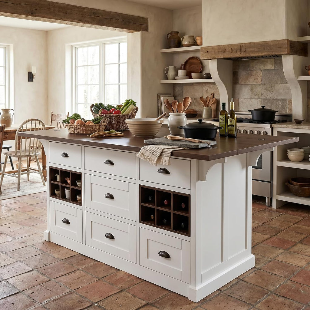 ECACAD 70.9" W Kitchen Island with Folding Drop Leaf, Extendable Stationary Storage Island with Wine Racks & 7 Drawers, Kitchen Prep Table with Wood Grain Tabletop for Dining Room, White & Brown