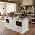 ECACAD 70.9" W Kitchen Island with Folding Drop Leaf, Extendable Stationary Storage Island with Wine Racks & 7 Drawers, Kitchen Prep Table with Wood Grain Tabletop for Dining Room, White & Brown