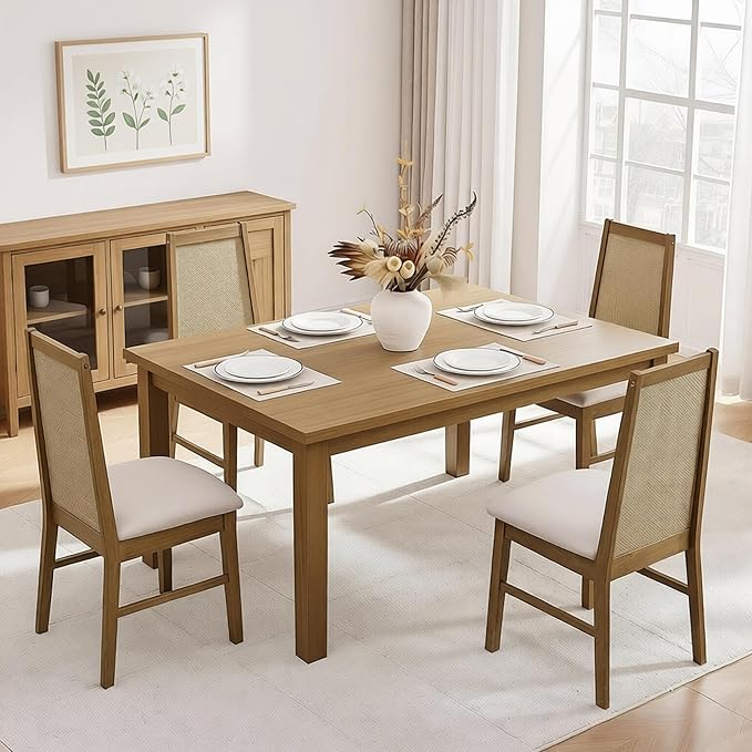 SICOTAS Rattan Dining Chairs Set of 6 - Solid Wood Dining Room Chairs with Rattan Decor High Back, Farmhouse Upholstered Kitchen Chairs, Modern Armless Dining Chair for Dining Room, Kitchen, Oak, 6PCS