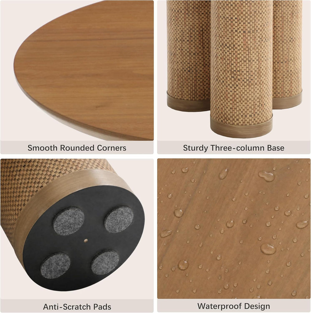 20" Round Walnut Wood End Table, Modern Side Table with 3 Textured Cylin...